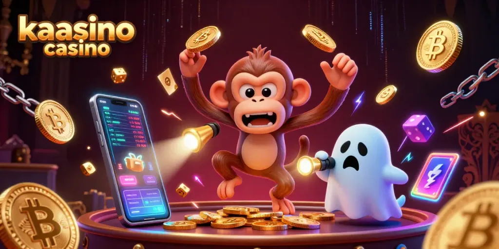 Engage in the thrilling atmosphere of kaasino casino, where a mischievous monkey juggles gold, amid vibrant crypto elements.