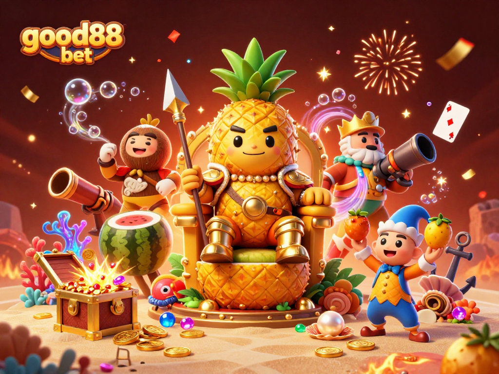 Win big with good88 bet at a vibrant beach casino featuring a joyful pineapple king and a colorful celebration!