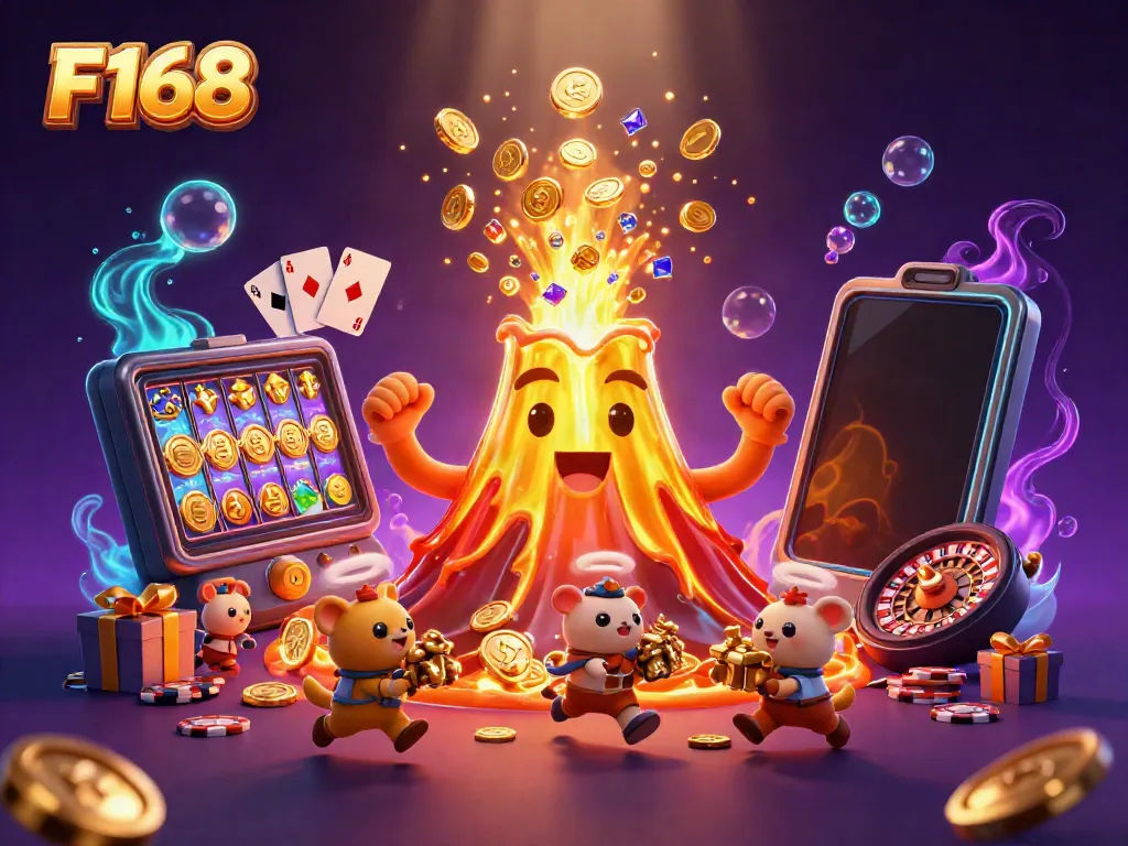 Experience the thrill of winning on F168 with vibrant, animated casino scenes featuring treasures and games.