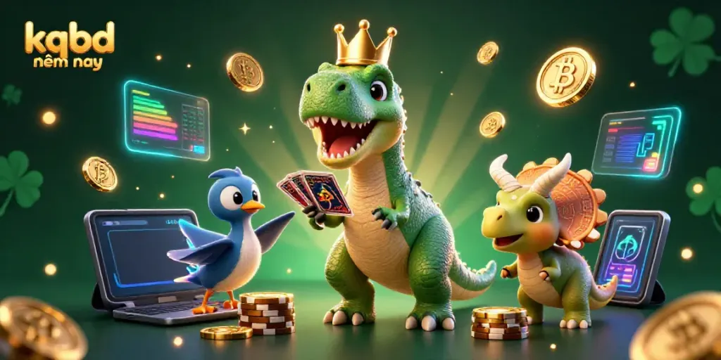 Experience kqbd đêm nay with a vibrant 3D T-Rex and friends enjoying a card game surrounded by glowing cryptocurrency elements.
