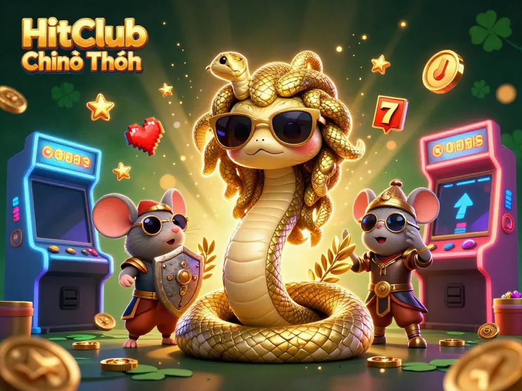 Play at HitClub Chính Thức with friendly Medusa and a warrior mouse amidst vibrant slot games.