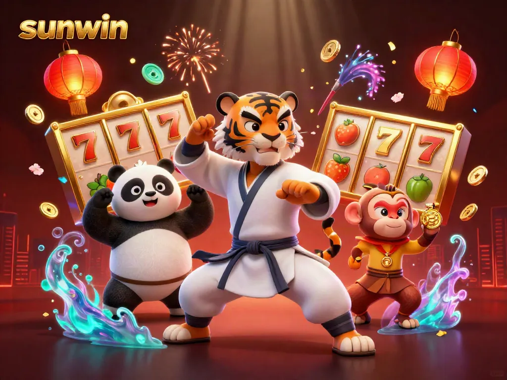 Engage with sunwin's thrilling slot experience, with a playful scene featuring a kung fu tiger and friends.