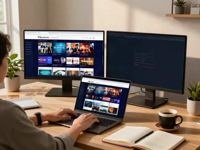 Person using the Pikashow online browser in a modern home office, surrounded by streaming content and cozy workspace decor.