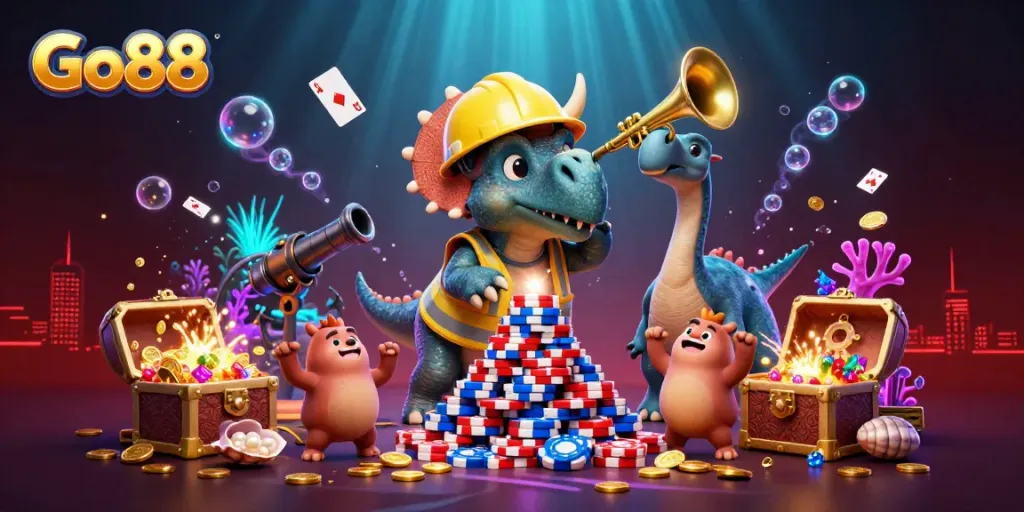 Experience excitement with Go88 as triceratops builds poker chip pyramid in an underwater casino.