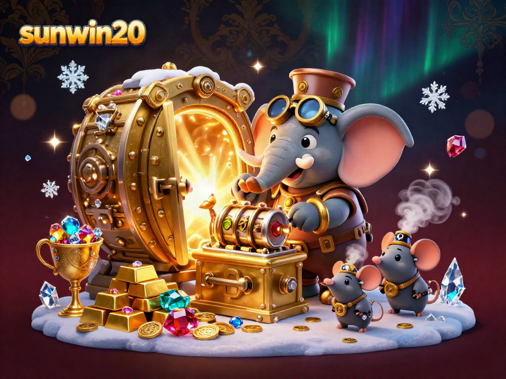 Spin the reels with sunwin20, the lively steampunk elephant operates a golden slot machine amid treasures.